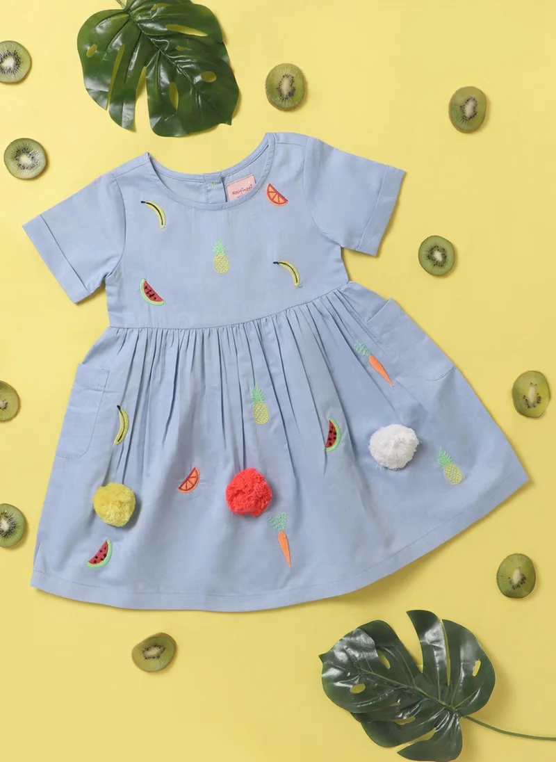 Girls' 100% Cotton Pineapple, Watermelon, Banana & Carrot Embroidery Fit & Flare Dress with Pom-pom Details & Double Pocket